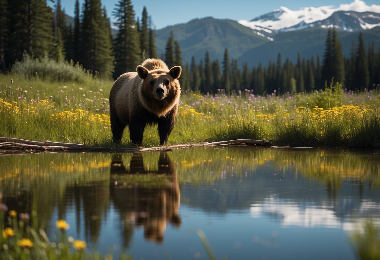 Lush meadows surrounded by towering peaks, with grazing elk and deer. A serene lake reflects the vibrant colors of wildflowers. A bear and her cubs wander through the forest