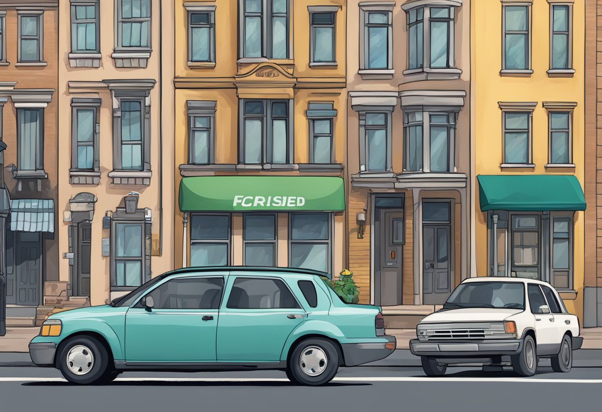 A car with the license plate "FD" parked in a city street, surrounded by other vehicles and buildings