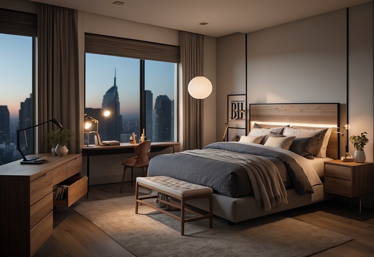 A 10x12 room with a bed, nightstand, dresser, and desk. The bed has a simple headboard and the dresser has sleek, modern lines. The desk is compact with a minimalist design