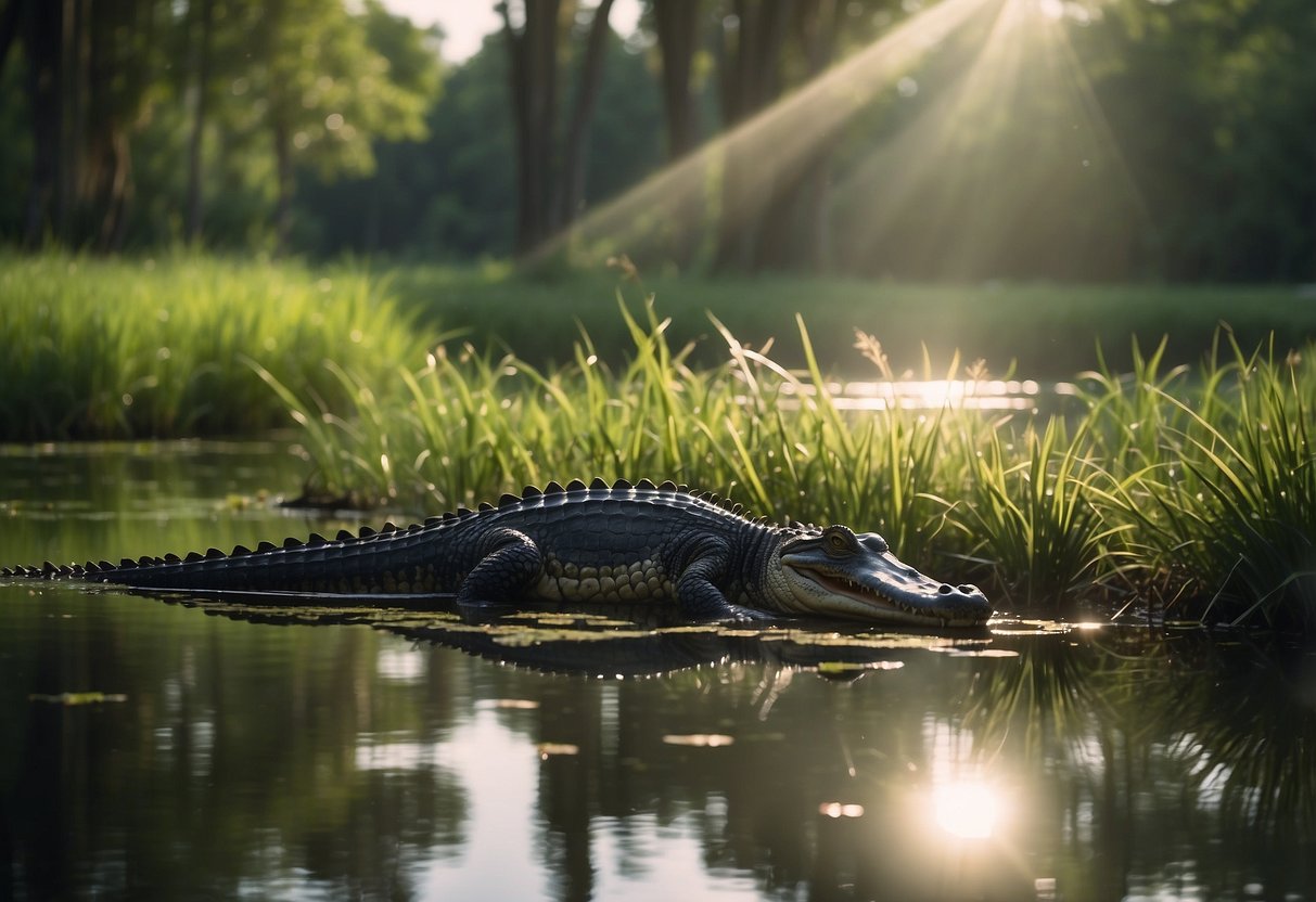 Lush green marshland with diverse wildlife, including alligators, herons, and turtles. Sunlight filters through the canopy, creating dappled shadows on the water