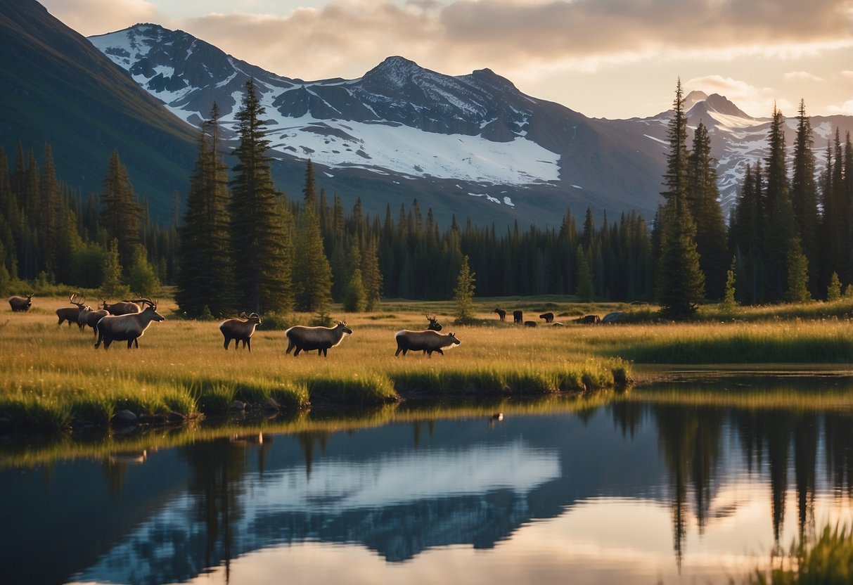 Lush meadows with grazing caribou, a serene lake reflecting snow-capped mountains, a winding river with playful otters, a dense forest alive with bird calls, and a rocky overlook offering panoramic views