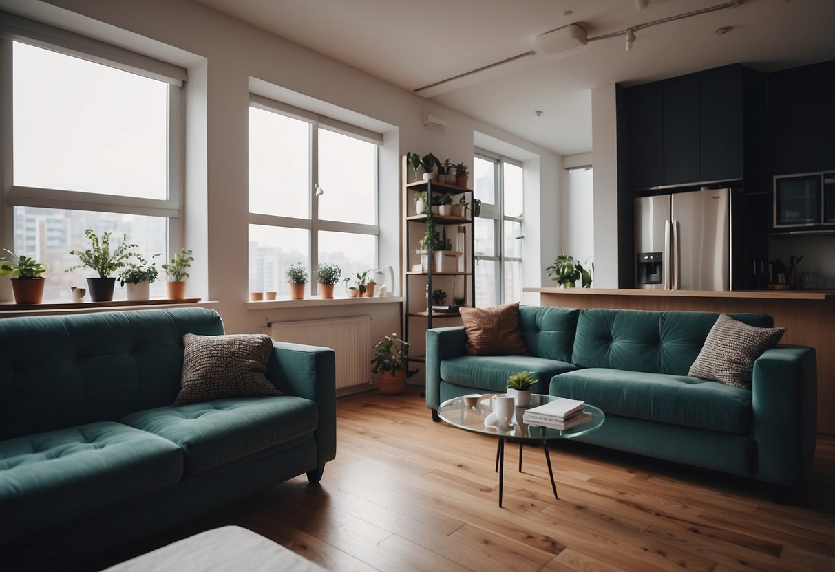 An empty apartment with a question mark over a couch and table
