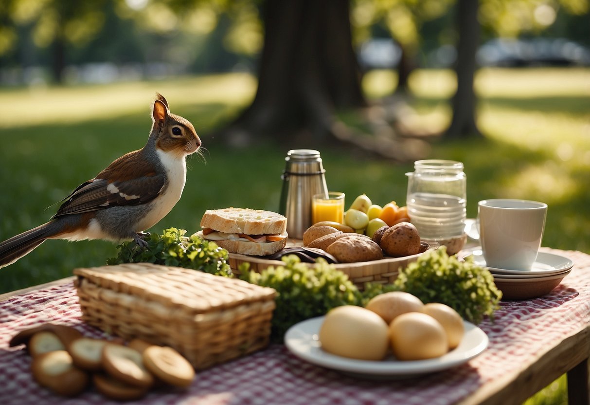 Lush greenery surrounds a serene picnic spot. A variety of wildlife, from colorful birds to playful squirrels, can be seen in the natural habitat, adding an extra layer of enjoyment to the outdoor dining experience