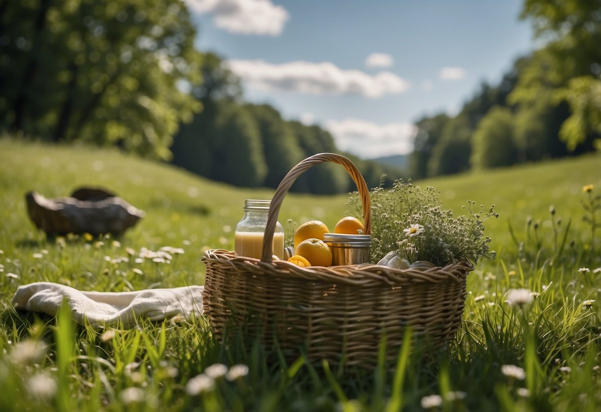 Lush green meadow with a flowing stream, surrounded by tall trees. Birds chirping and small animals scurrying about. Picnic blanket spread out with a basket of food and binoculars nearby