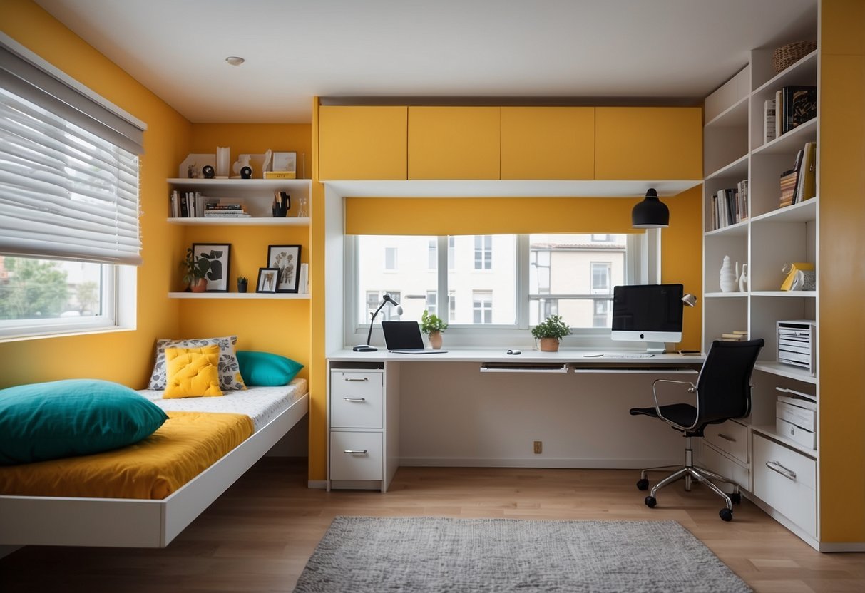 A 10x12 bedroom with space-saving furniture: loft bed, built-in storage, and foldable desk. Bright colors and minimal clutter create a spacious feel