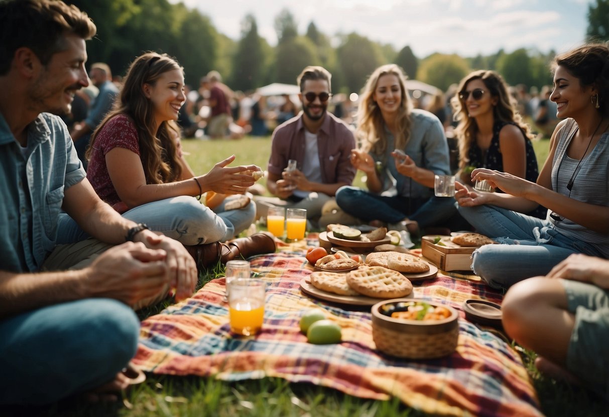 Crowds gather around colorful picnic blankets with food, drinks, and musical instruments. People laugh and enjoy the festival atmosphere