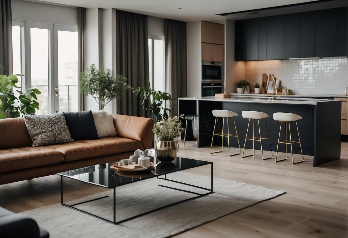 A modern furnished apartment with a cozy living room, a sleek dining area, a fully equipped kitchen, a comfortable bedroom, and a stylish bathroom