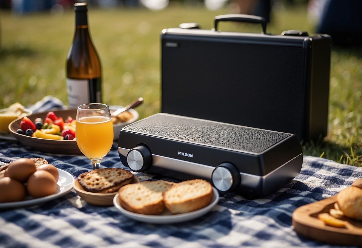 A portable Bluetooth speaker sits on a checkered picnic blanket surrounded by food and drinks. A music festival lineup poster is nearby, with a guitar and sunglasses