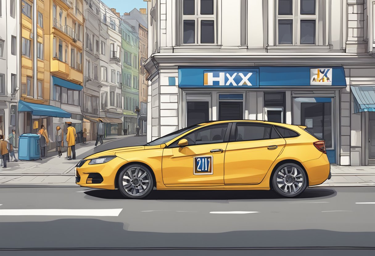 A car with the license plate "HX" parked in a busy city street