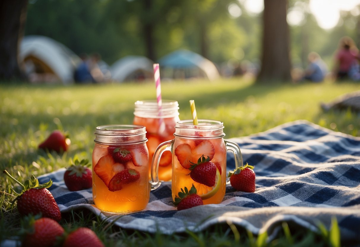 Mason jars filled with strawberry lemonade sit on a checkered picnic blanket. Nearby, a guitar leans against a tree as festival-goers enjoy the refreshing drink