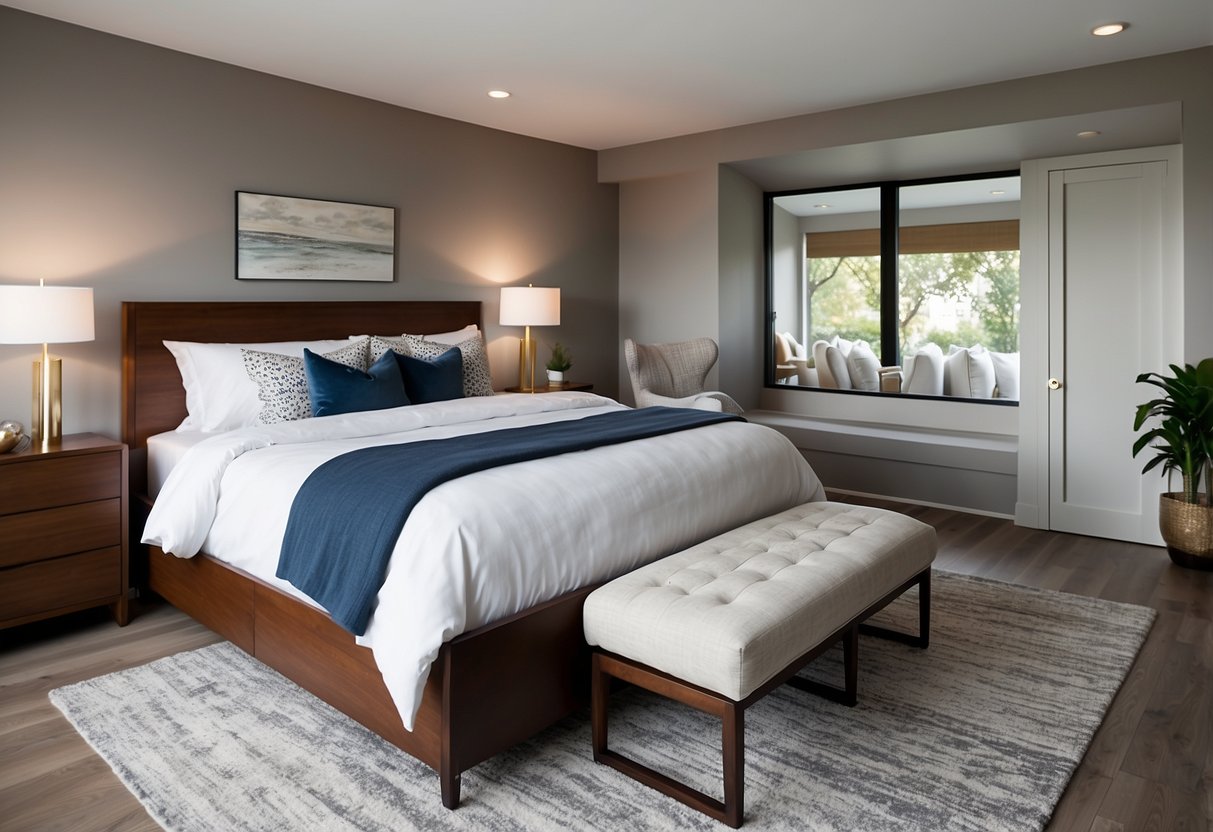 A 10x12 bedroom with sleek, modern furniture designs. Clean lines, neutral colors, and minimalistic aesthetic. Bed, dresser, nightstand, and desk fit snugly in the space