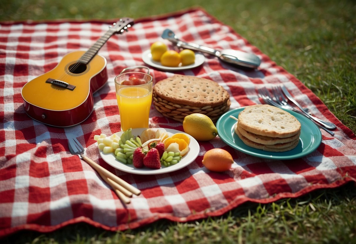 A colorful picnic blanket spread out on the grass, surrounded by festive decorations and musical instruments. Food and drinks are arranged neatly on the blanket, with a vibrant and lively atmosphere