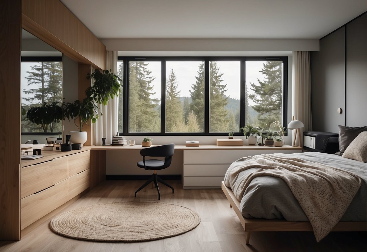 A 10x12 room with a cozy bed, compact nightstand, space-saving dresser, and functional desk with chair. Clean lines and neutral colors create a modern and practical bedroom furniture design