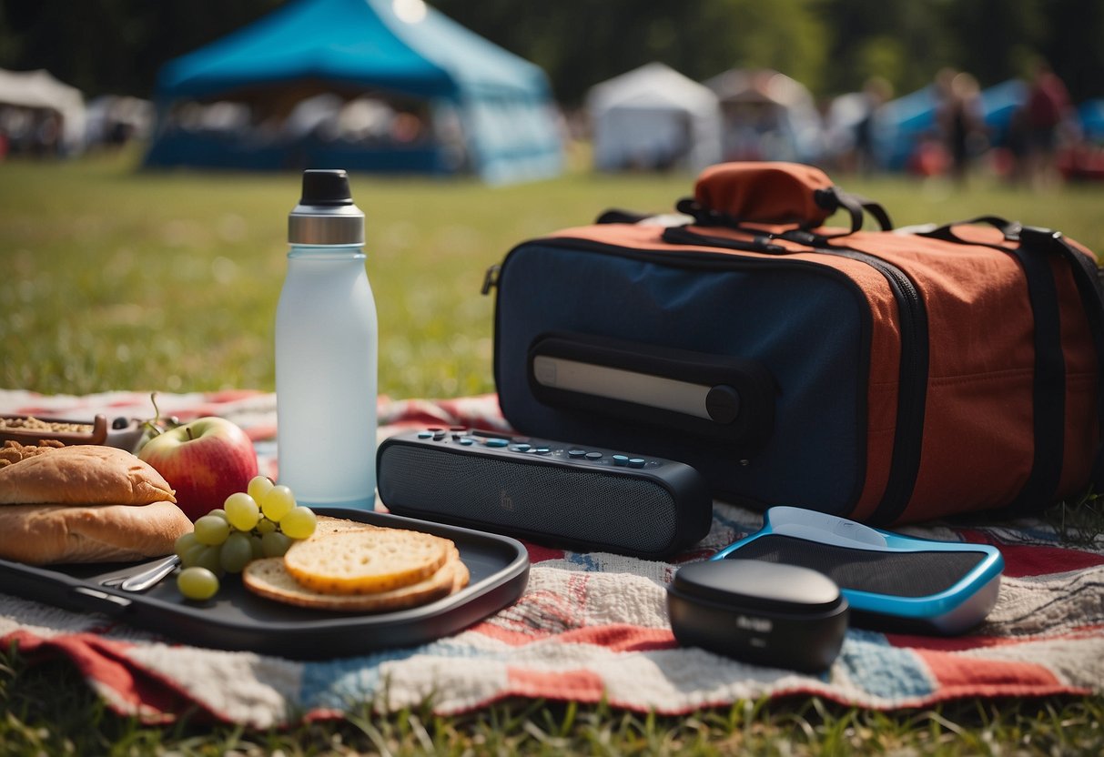 A picnic blanket with a reusable utensil set, surrounded by food containers, a water bottle, and a portable speaker at a music festival