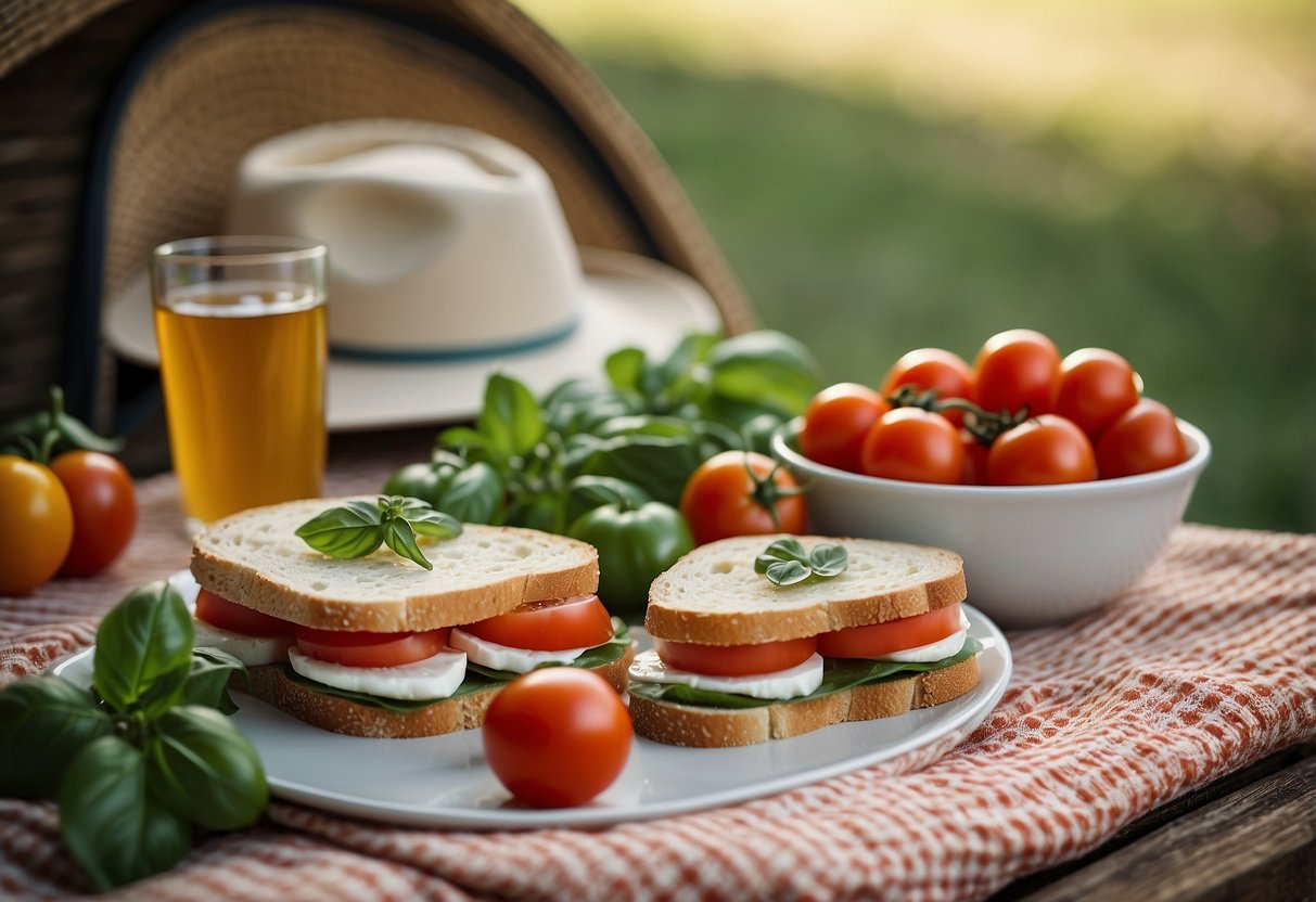 A picnic blanket spread with Caprese sandwiches, fresh basil, and ripe tomatoes, surrounded by a cooler, a guitar, and a sun hat