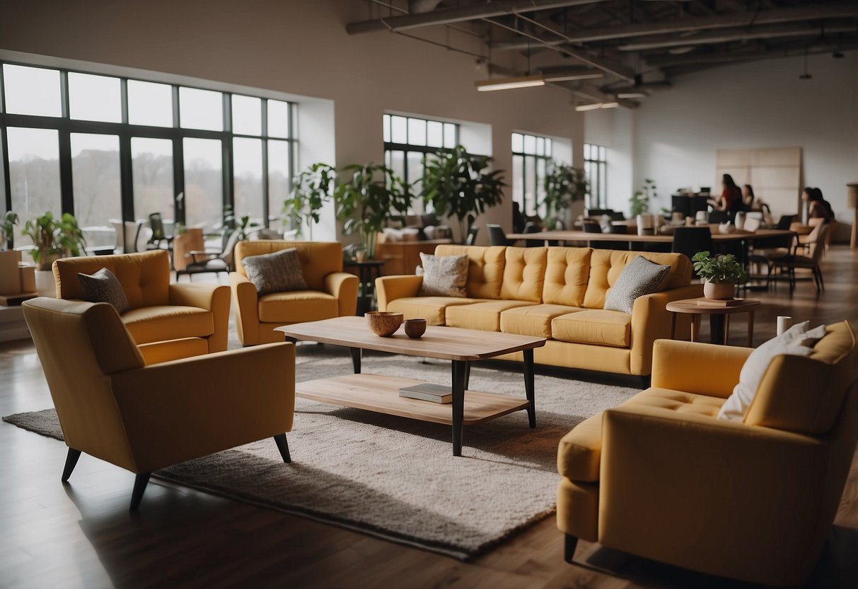 Various furniture items being exchanged in a spacious, well-lit room. A sofa, table, chairs, and shelves are being moved around by a group of people