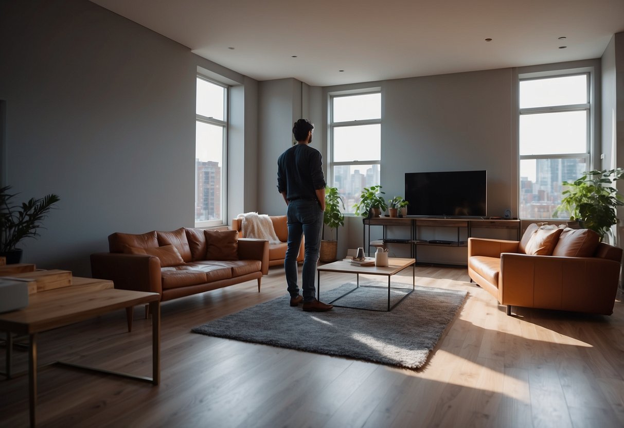 An apartment with empty rooms, showing space for furniture. A checklist of amenities and features. A person considering options