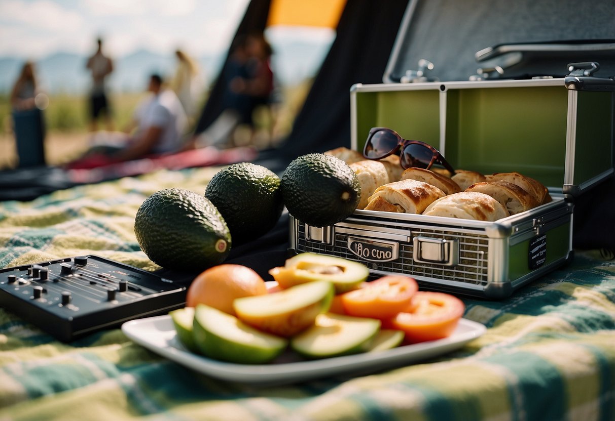 Avocado and turkey wraps laid out on a checkered picnic blanket surrounded by a guitar, sunglasses, and a cooler at a music festival