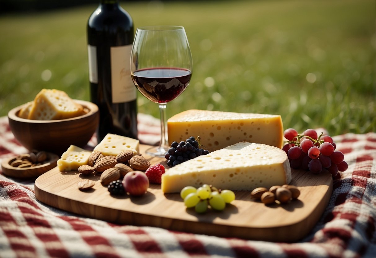 A wooden board displays an assortment of cheeses, meats, fruits, and nuts. A bottle of wine and two glasses sit nearby. The scene is set on a checkered picnic blanket, surrounded by a grassy field and a distant stage