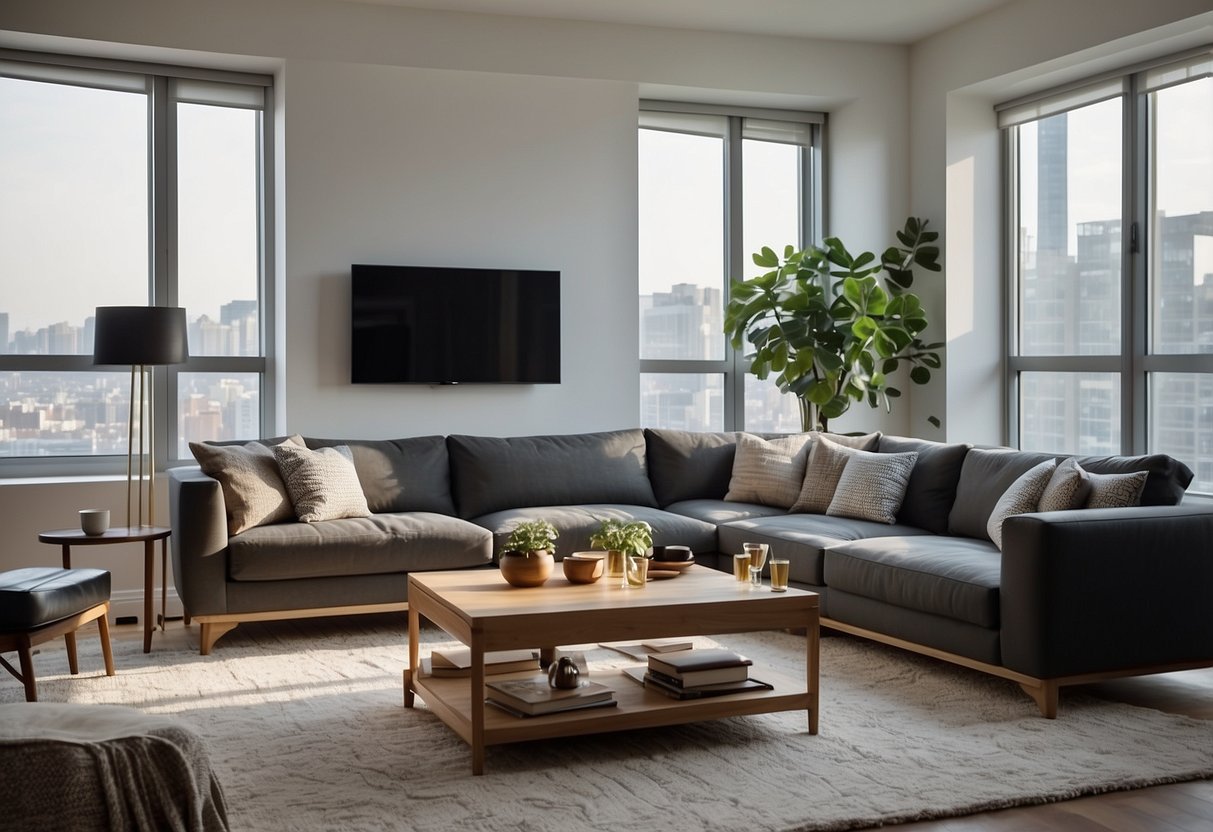 An apartment with modern furniture, including a couch, coffee table, and dining set, with large windows and natural light streaming in
