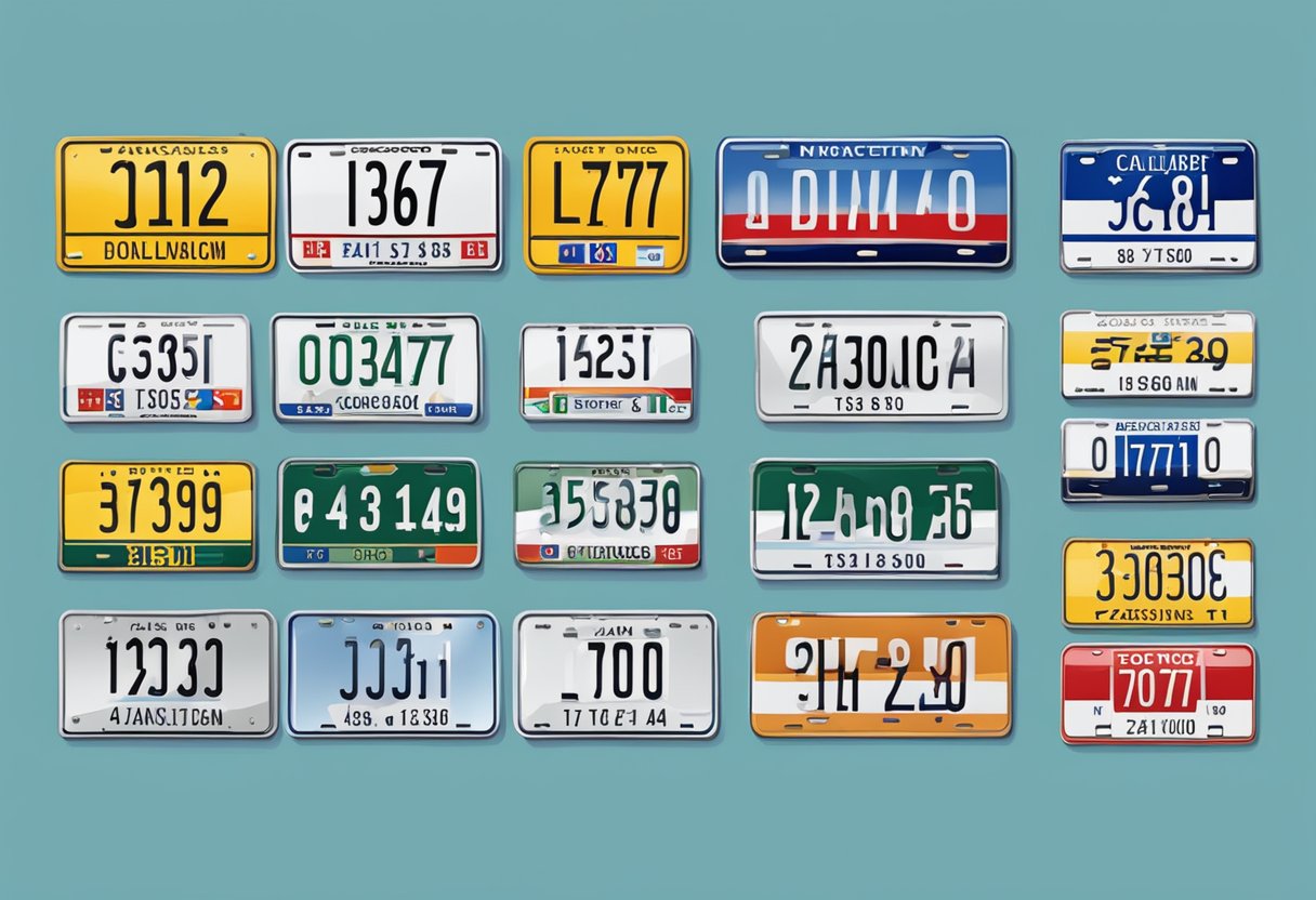 A row of car license plates arranged by a classification system