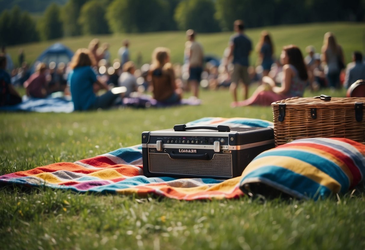 A grassy hill overlooks a music festival, with colorful blankets and picnic baskets spread out. Nearby, a stage plays live music as people dance and enjoy the outdoor event