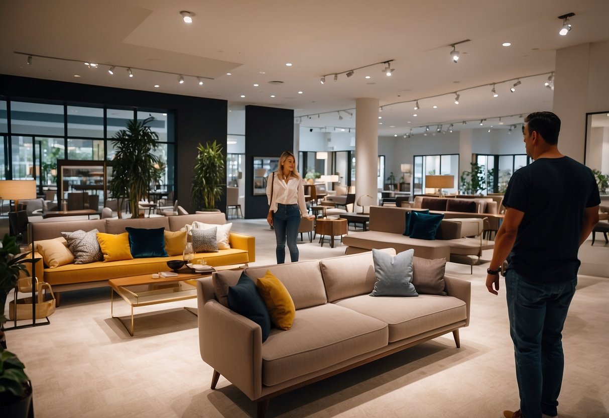 People browsing furniture in a spacious showroom with various options and styles on display. Bright lighting and clean, modern decor create an inviting atmosphere