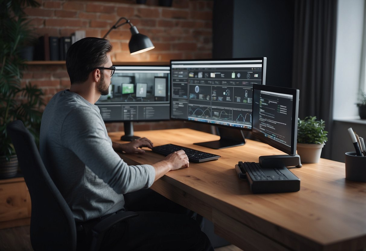 A designer selects furniture software online, using a computer to create 3D models and renderings