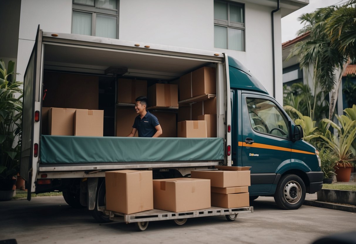 A delivery truck unloading furniture at a Singaporean home, while a satisfied customer inspects the new pieces with a smile