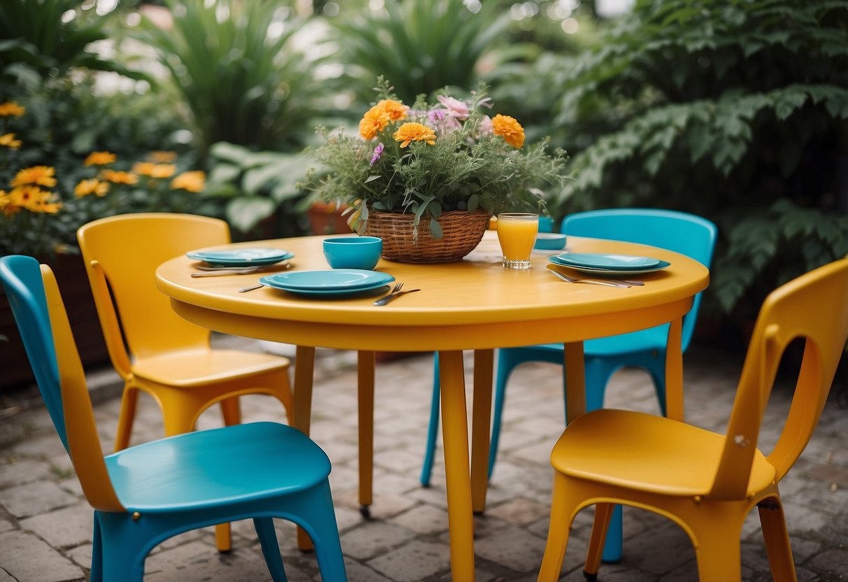 A colorful outdoor table and chairs set, surrounded by lush greenery and playful accessories