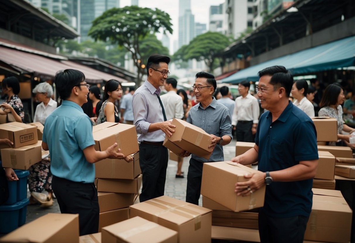 A group of people exchanging furniture in a bustling Singapore market. Boxes and items are being moved and exchanged, creating a lively and dynamic atmosphere