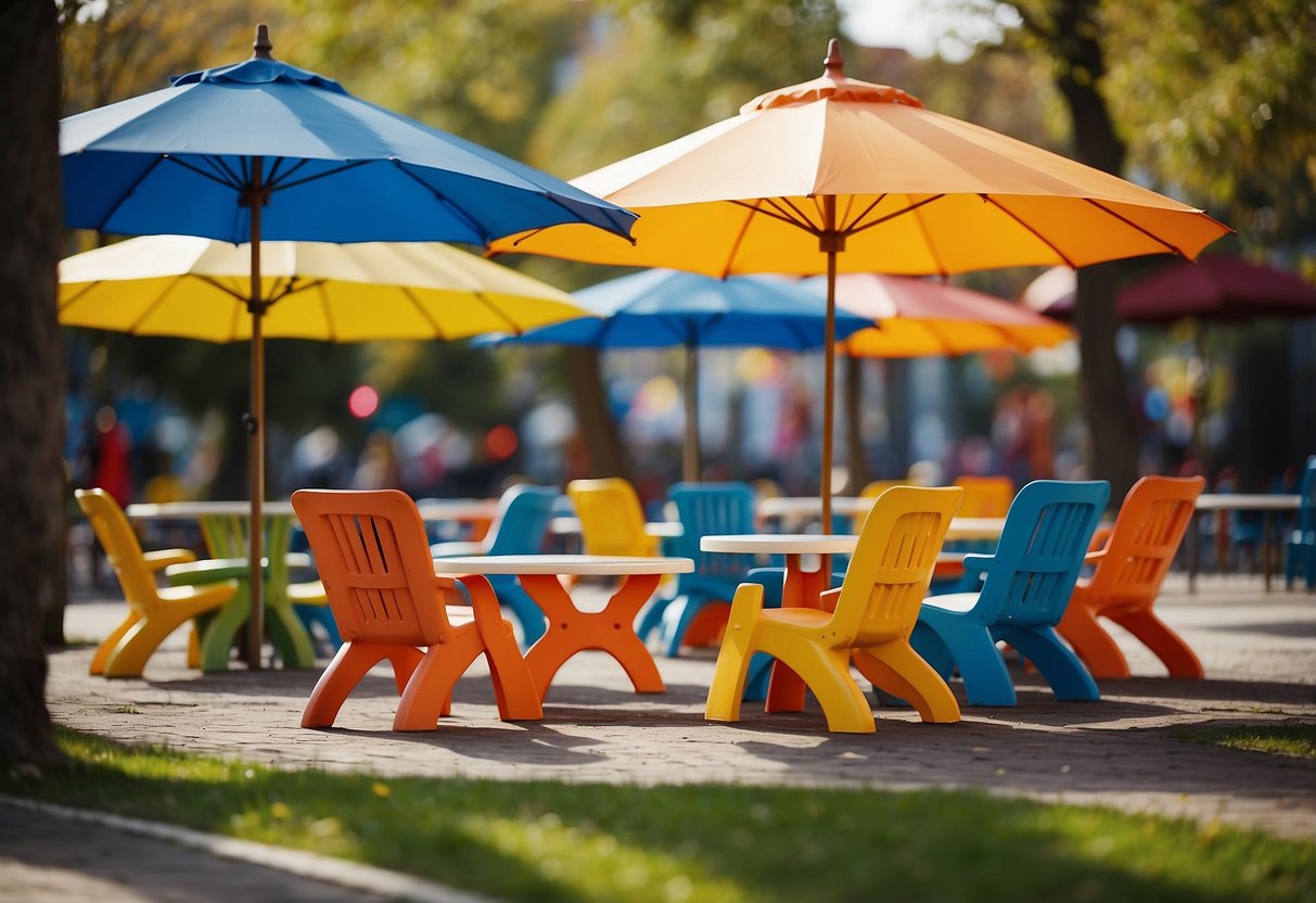 A colorful playground with small tables, chairs, and umbrellas. Bright, durable materials suitable for outdoor use