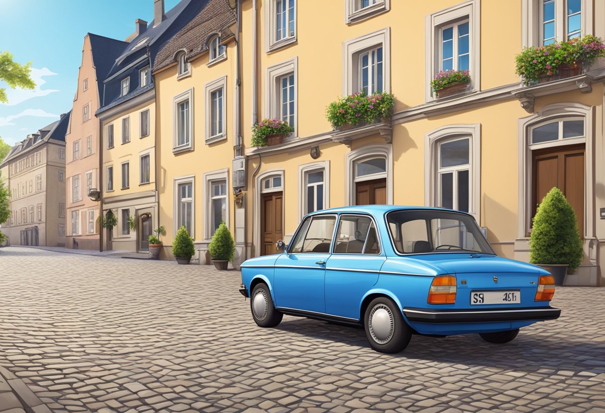 A car with the license plate "SI" parked in front of a traditional German building with a cobblestone street and a clear blue sky