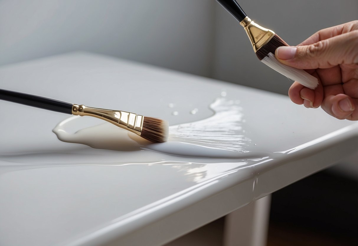 A hand holding a paintbrush smoothly applies white paint onto a pristine furniture surface, creating a flawless and perfect white finish