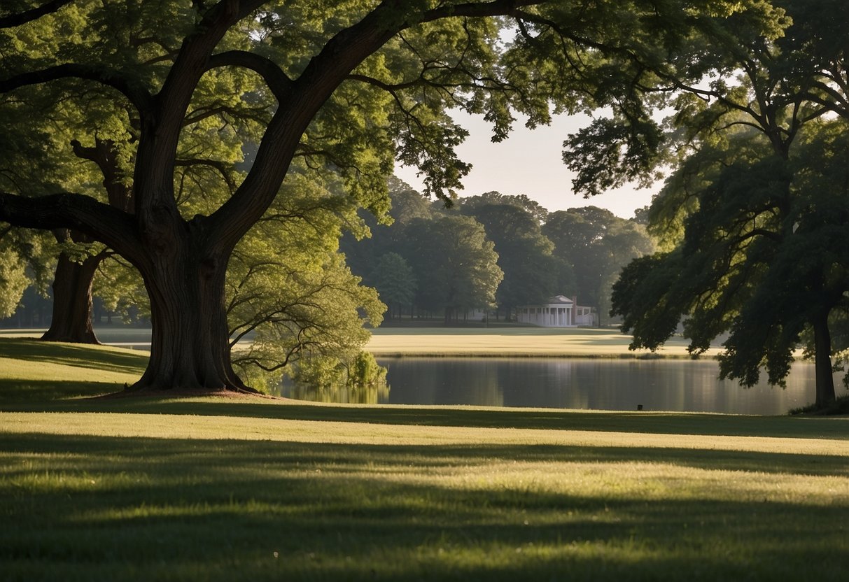 Lush green lawns and towering oak trees surround the historic grounds of Mount Vernon, Virginia. The Potomac River glistens in the distance as families enjoy picnics on the picturesque landscape