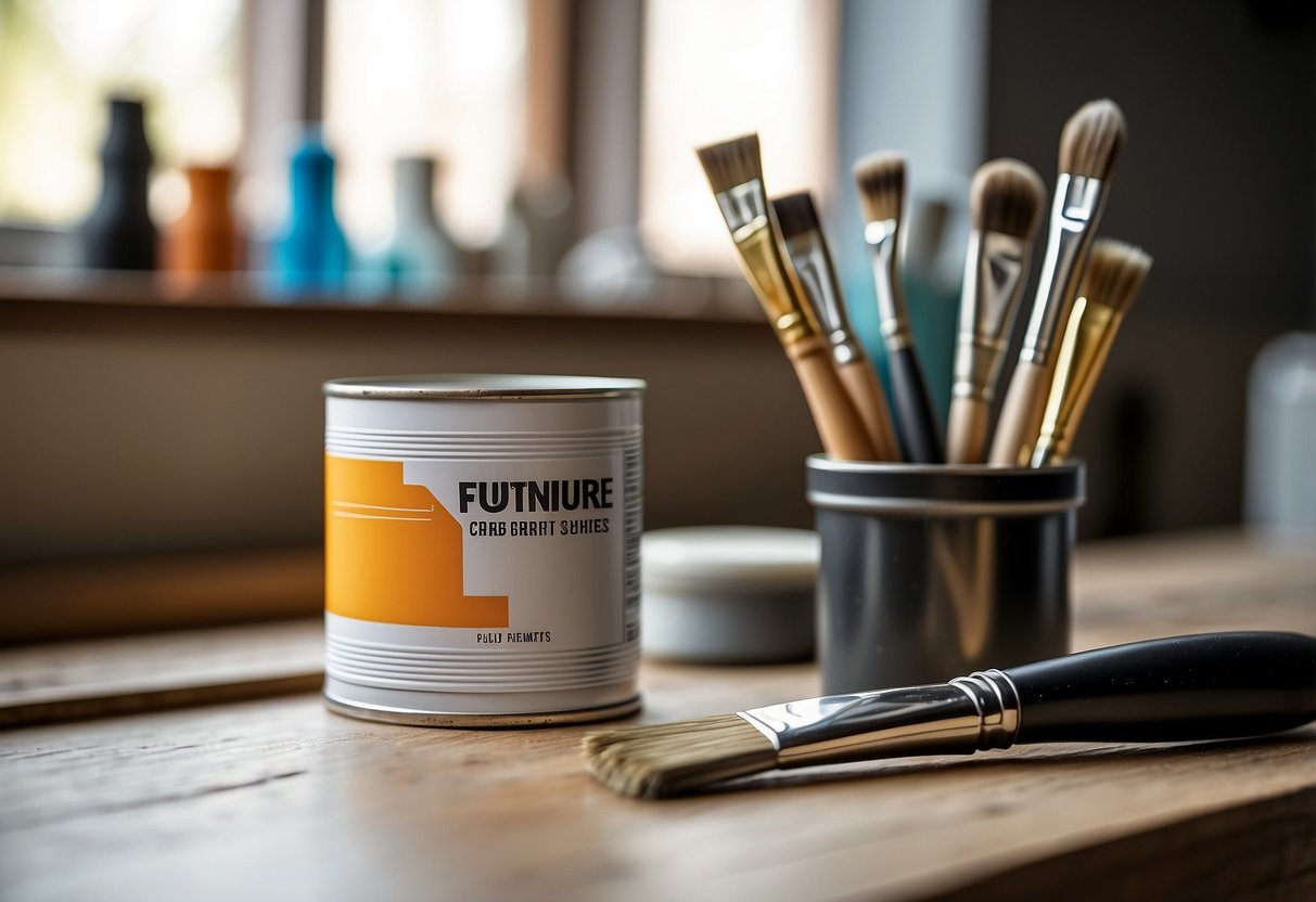 A can of white furniture paint sits on a clean, well-lit workbench, surrounded by paintbrushes and a neatly organized toolbox