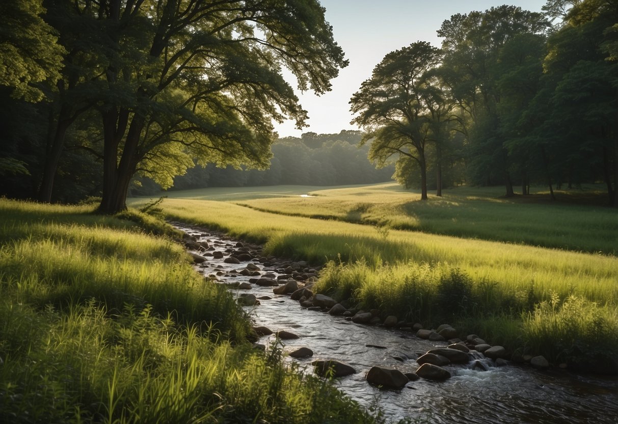 A serene meadow surrounded by lush greenery, with a babbling brook running through it. In the distance, historic monuments and markers dot the landscape, telling the story of Valley Forge National Historical Park