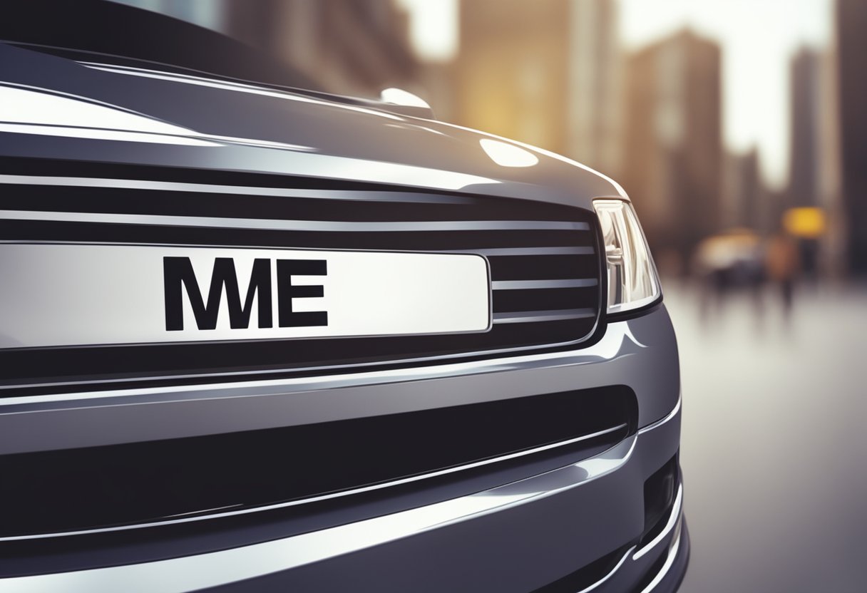 A car license plate with the text "me" on it, against a blurred urban background