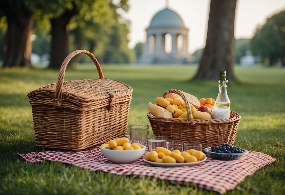 A picnic blanket laid out on the grass, surrounded by historical landmarks and monuments. A wicker picnic basket, filled with snacks and drinks, sits in the center