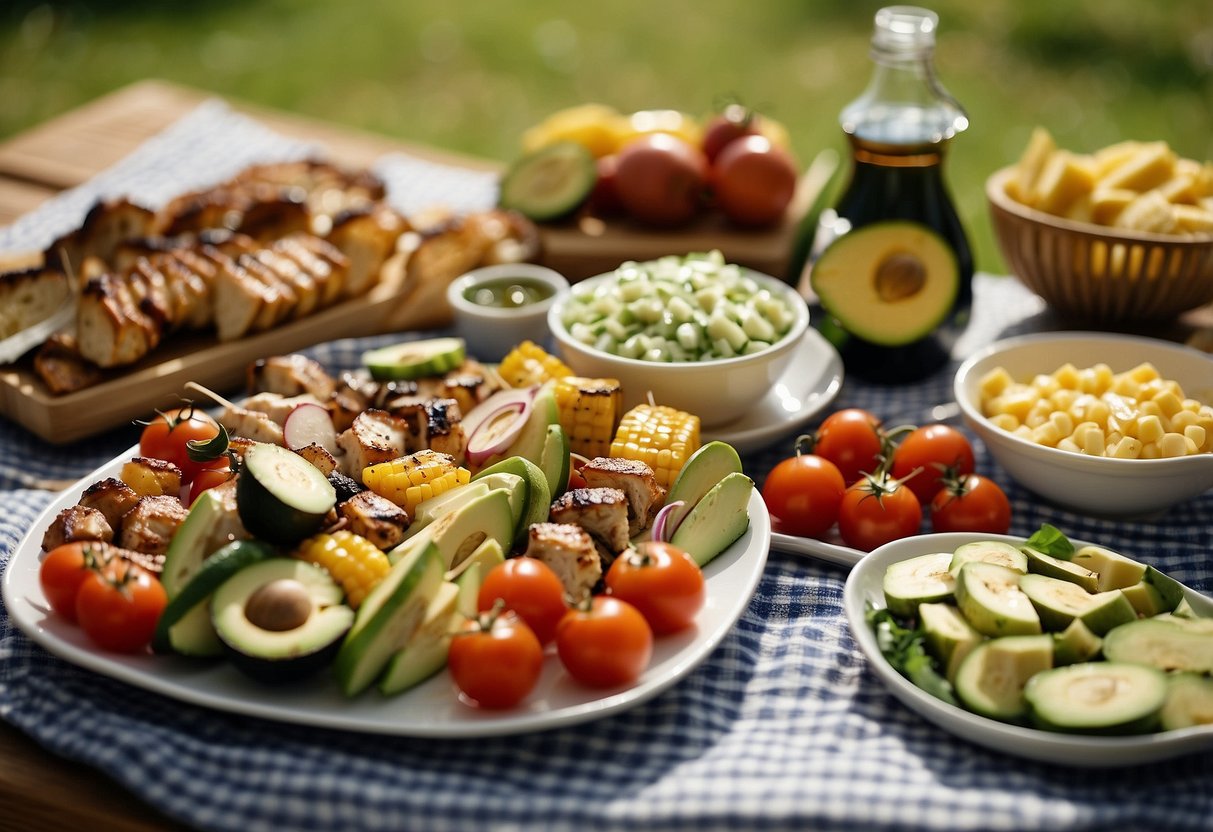 A picnic blanket spread with low-carb dishes: grilled vegetables, chicken skewers, avocado salad, and cheese platter. A basket holds sparkling water and fruit. Sunny park background