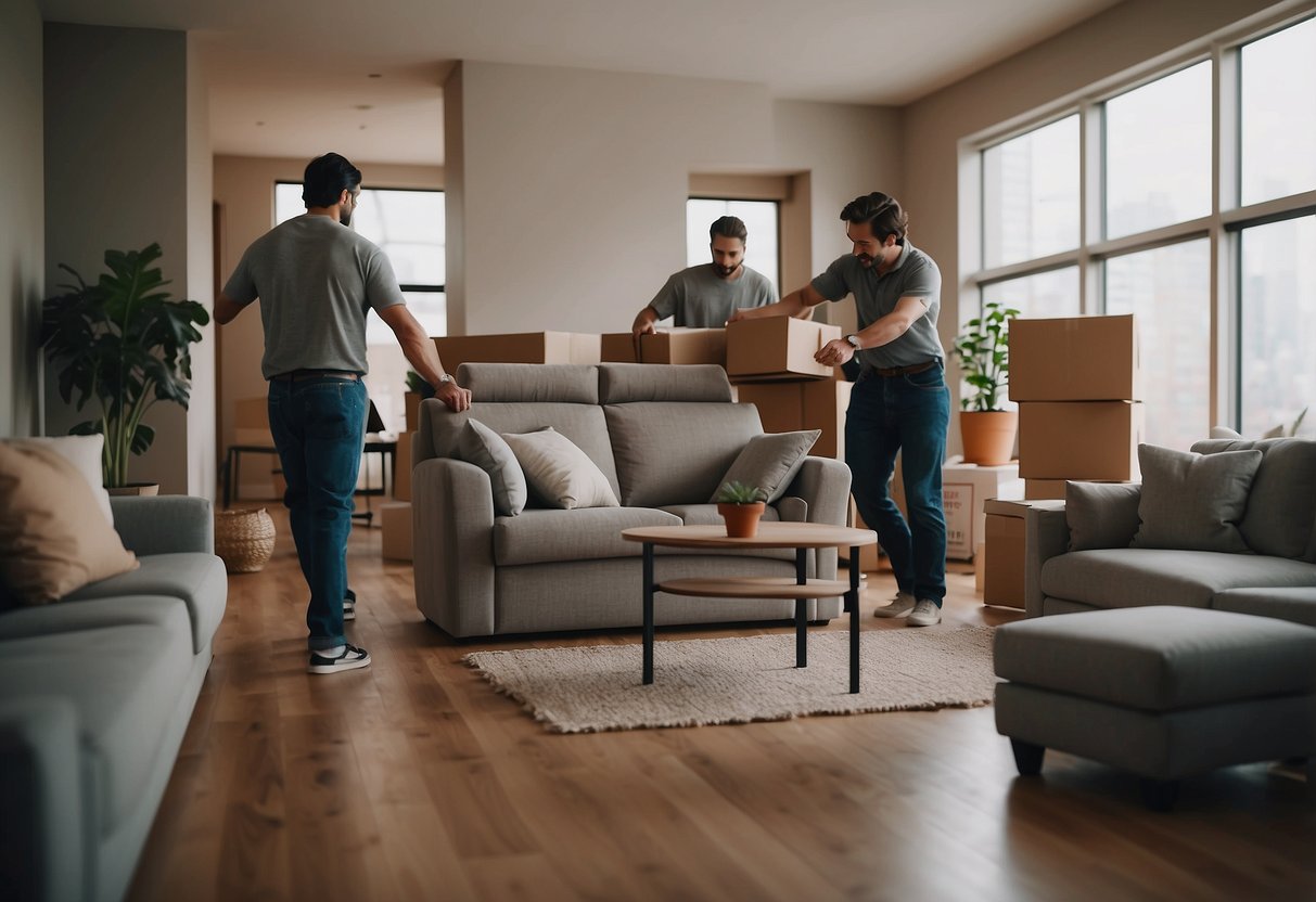 Furniture being moved in a living room. Couch, chairs, and tables being shifted by movers