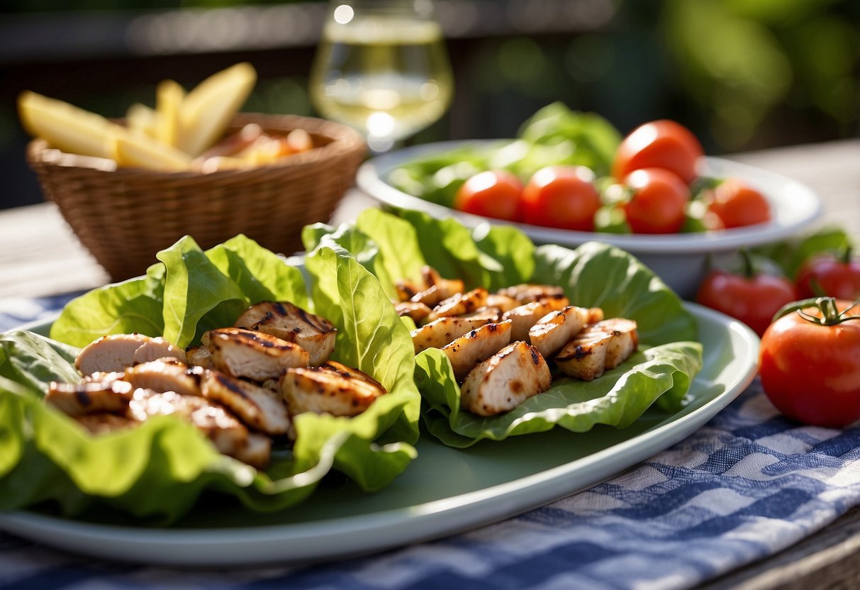 A table set with grilled chicken lettuce wraps, a colorful array of vegetables, and a picnic basket in a sunny outdoor setting