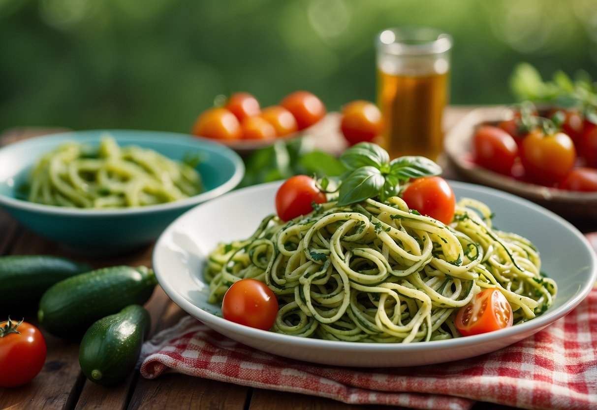 A colorful plate of zucchini pasta coated in vibrant green pesto, surrounded by fresh cherry tomatoes and basil leaves, set against a backdrop of a picnic blanket and a wicker basket filled with low-carb snacks