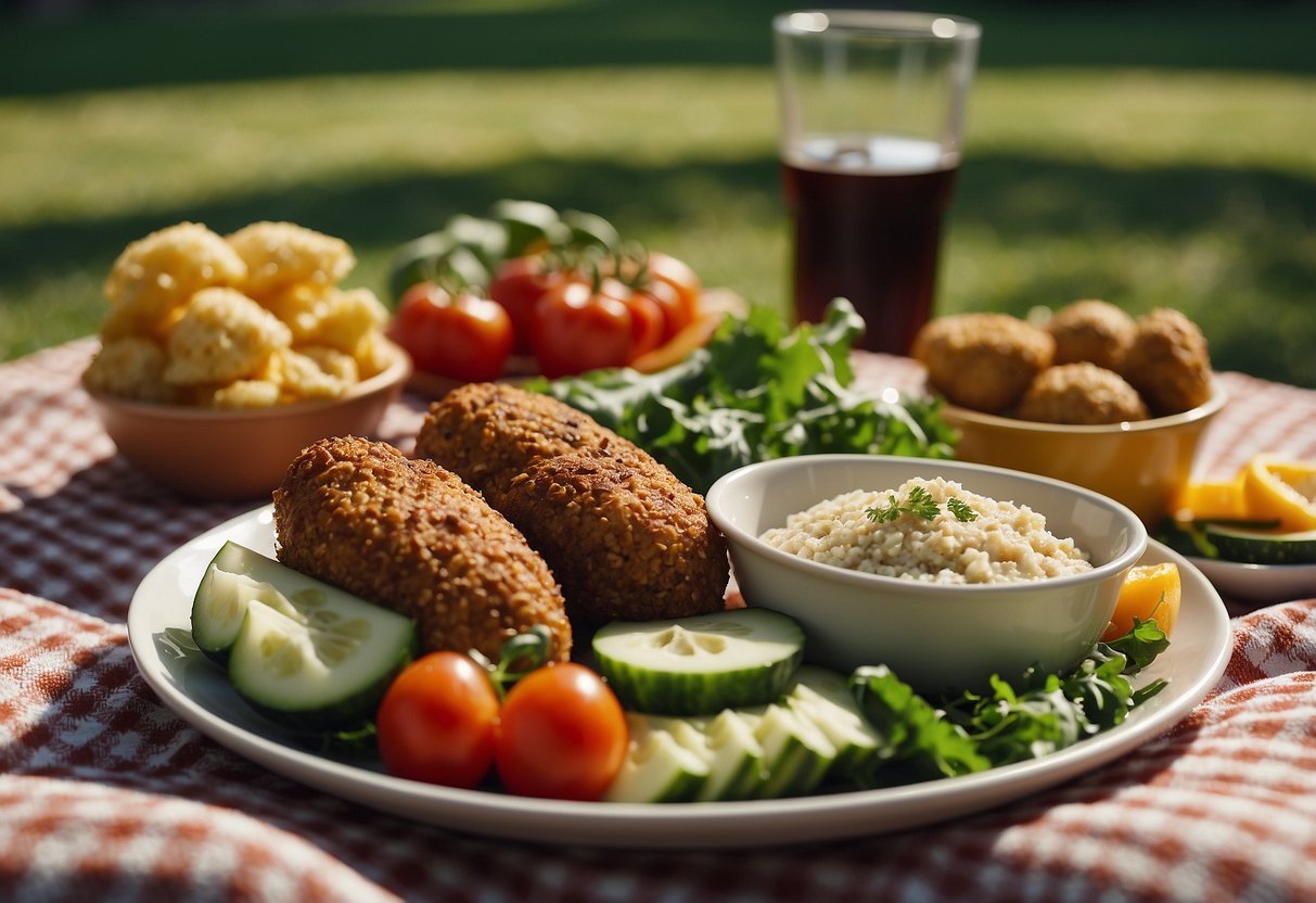 A picnic spread with cauliflower rice falafels, fresh vegetables, and low-carb dips on a checkered blanket in a sunny park