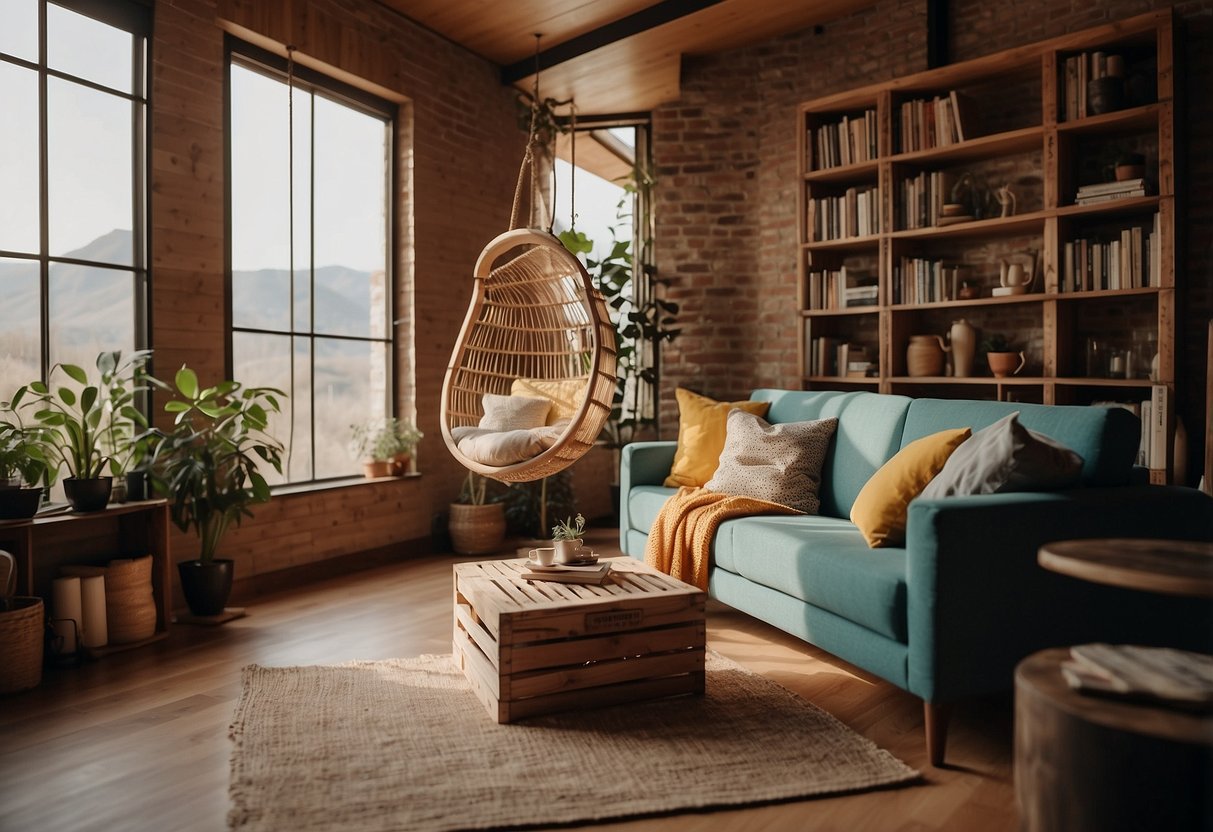A cozy living room with a hanging swing chair, a bookshelf made of stacked crates, and a coffee table crafted from a repurposed wooden door