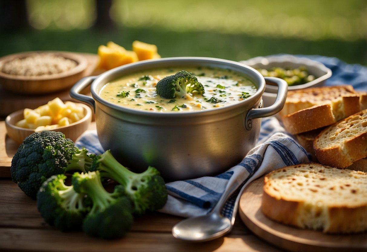 A steaming pot of broccoli cheddar soup surrounded by a picnic spread of low-carb dishes