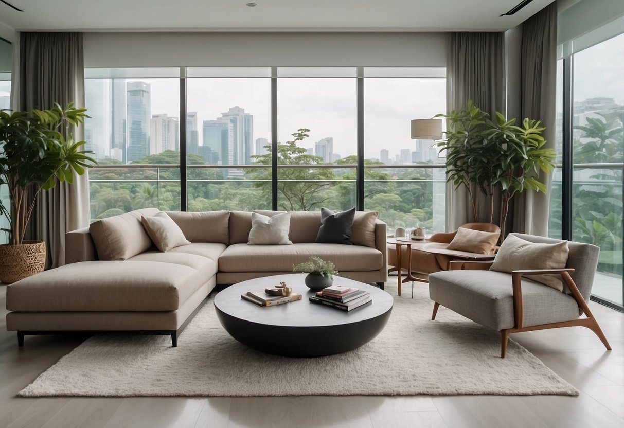 A modern living room with sleek furniture in Singapore. Clean lines, neutral colors, and natural light create a minimalist yet inviting space