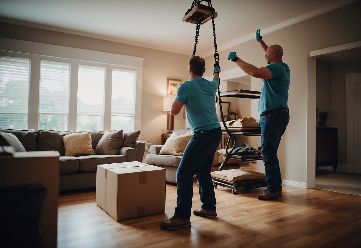 Furniture being lifted and moved by movers in a home setting