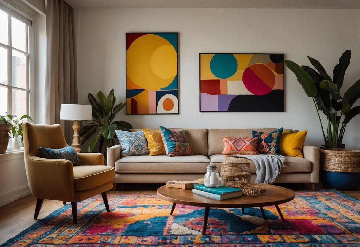 A colorful rug anchors the room, with a mix of modern and vintage furniture. A gallery wall of artwork adds personality, while a statement light fixture illuminates the space