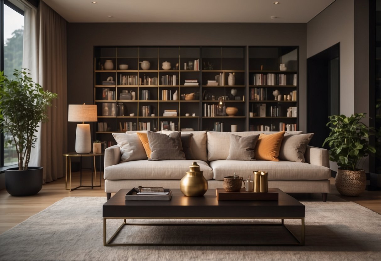 A cozy living room with a sleek sofa, elegant coffee table, and modern bookshelf. Soft lighting and warm colors create a welcoming atmosphere